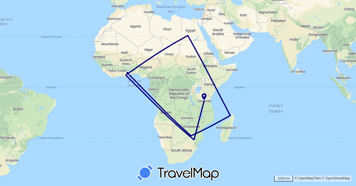 TravelMap itinerary: driving in Egypt, Ghana, Madagascar, Tanzania, South Africa (Africa)